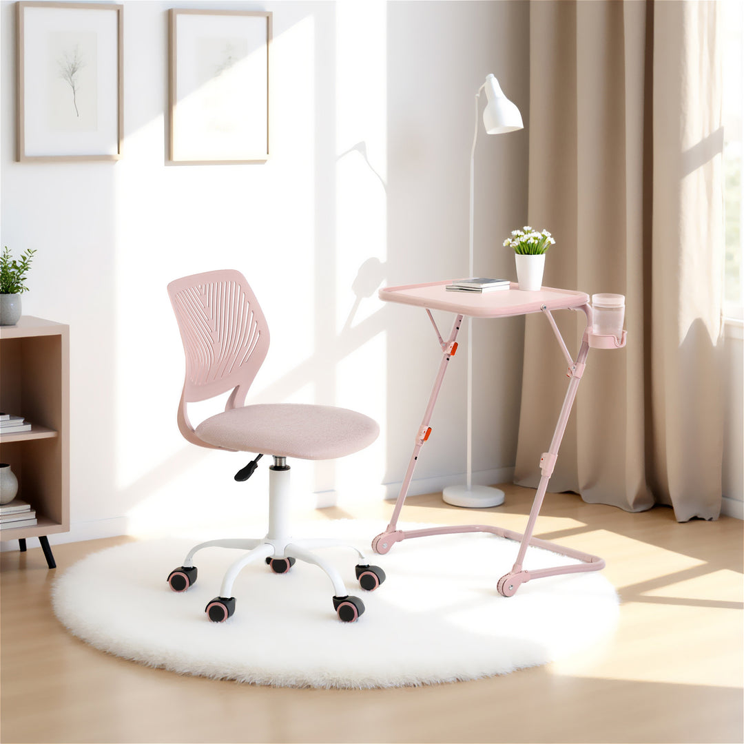 FurnitureR Adjustable Height Folding Desk with PP Tabletop, Portable Space-Saving Work Table with Wheels and Side Storage Trays for Home Office