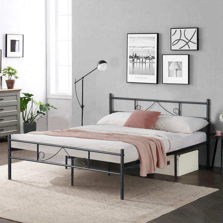 FurnitureR Metallbettgestell (140 x 200 cm) mit Kopf- und Fußteil, Plattformbett mit Stauraum unter dem Bett, geräuschlos, kein Lattenrost erforderlich, Schwarz