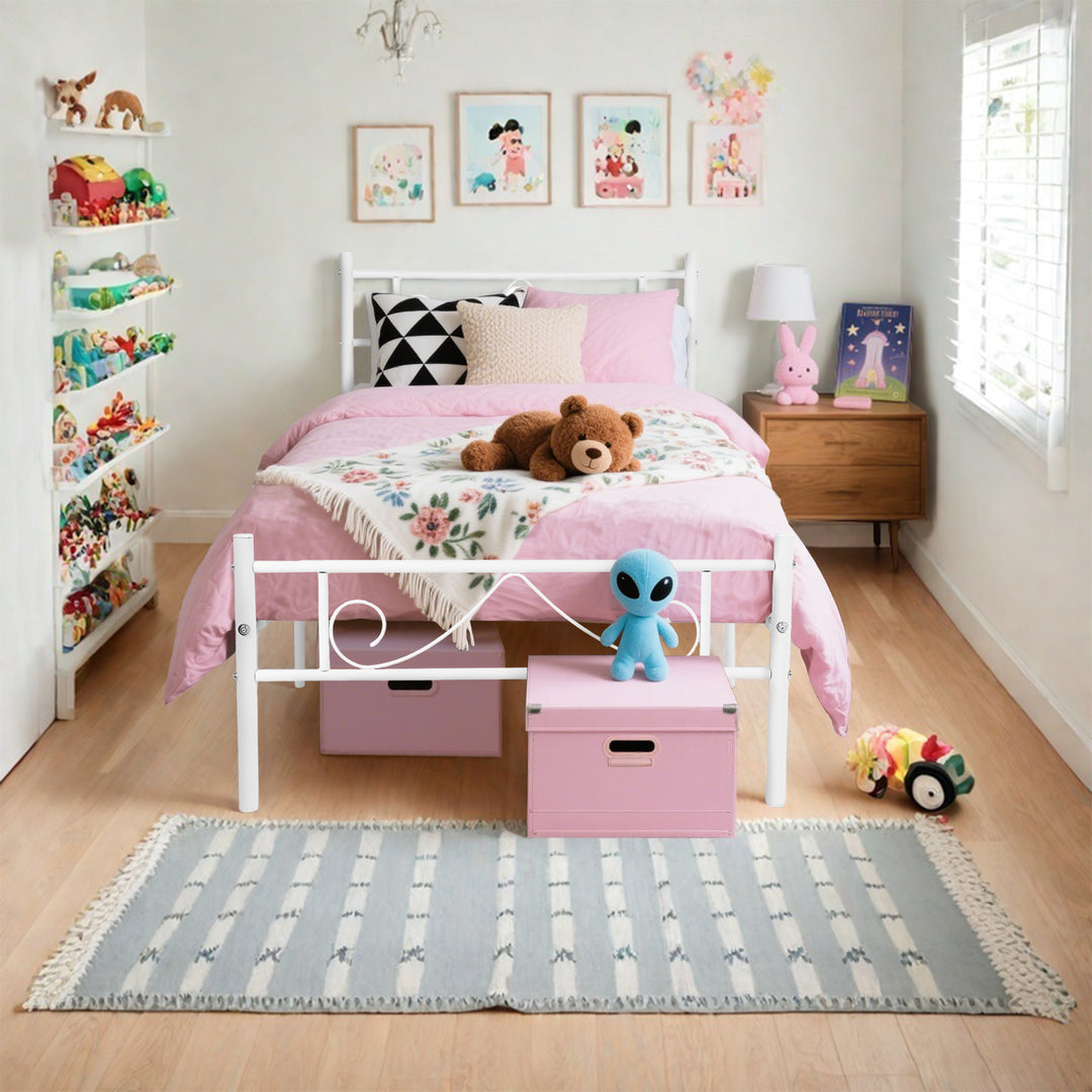 FurnitureR Metallbettgestell (Einzelbettgröße) mit Kopf- und Fußteil, Plattformbett mit Stauraum unter dem Bett, geräuscharm, weiß