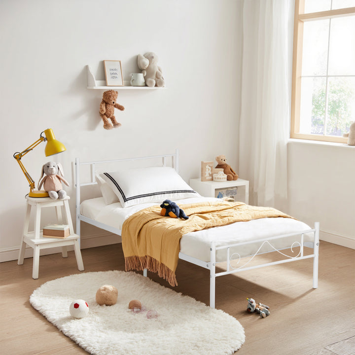 FurnitureR Metallbettgestell (Einzelbettgröße) mit Kopf- und Fußteil, Plattformbett mit Stauraum unter dem Bett, geräuscharm, weiß