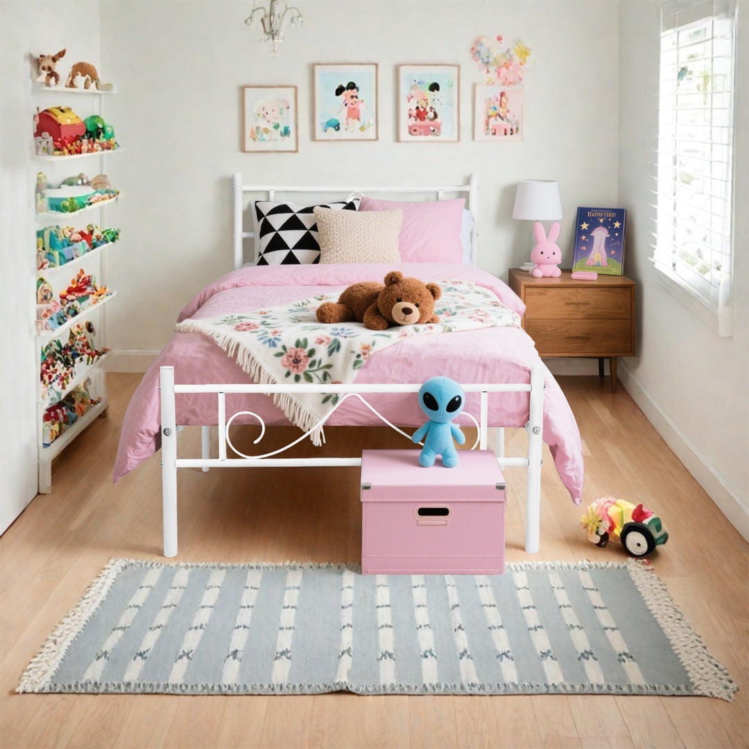 FurnitureR Metallbettgestell (Einzelbettgröße) mit Kopf- und Fußteil, Plattformbett mit Stauraum unter dem Bett, geräuscharm, weiß