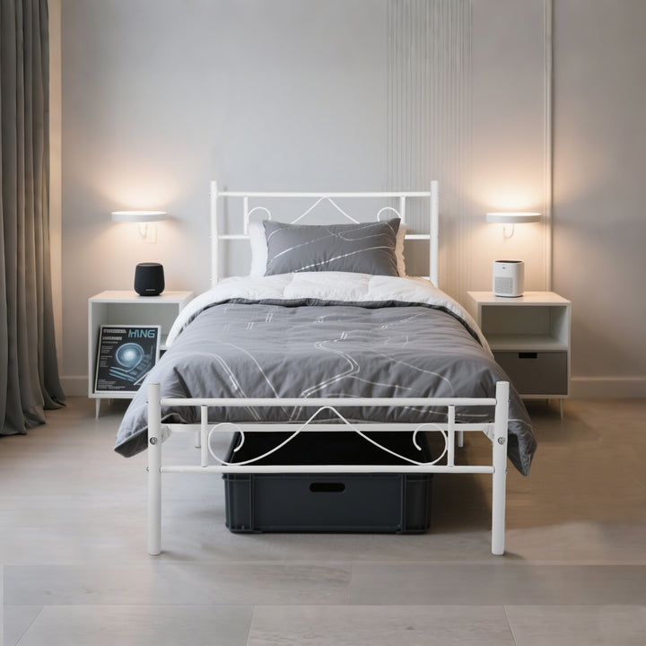 FurnitureR Metallbettgestell (Einzelbettgröße) mit Kopf- und Fußteil, Plattformbett mit Stauraum unter dem Bett, geräuscharm, weiß