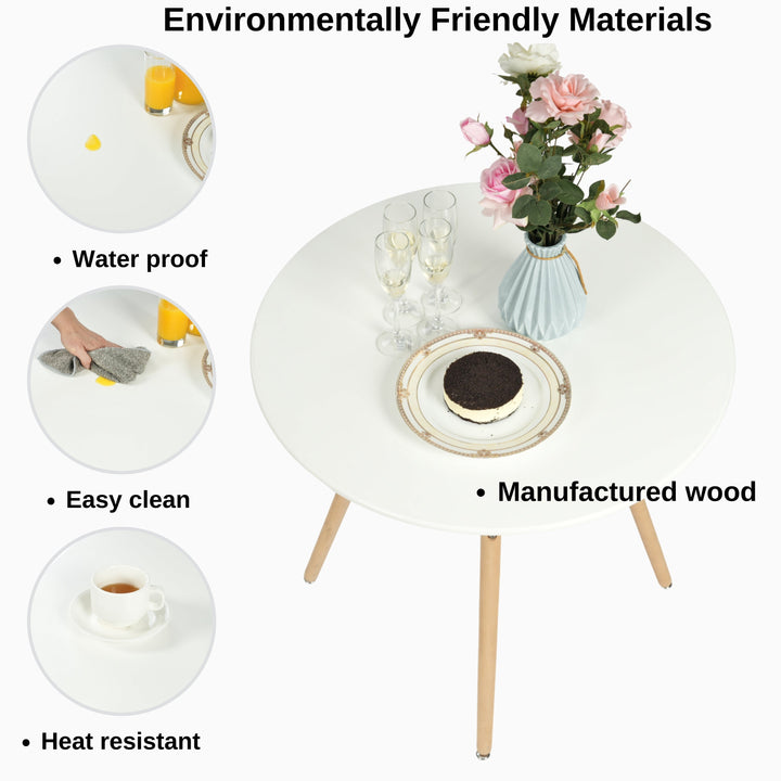 Furniture R Scandinavian Round White Dining Kitchen Table With Wooden Legs For Office & Conference 2 To 4 People