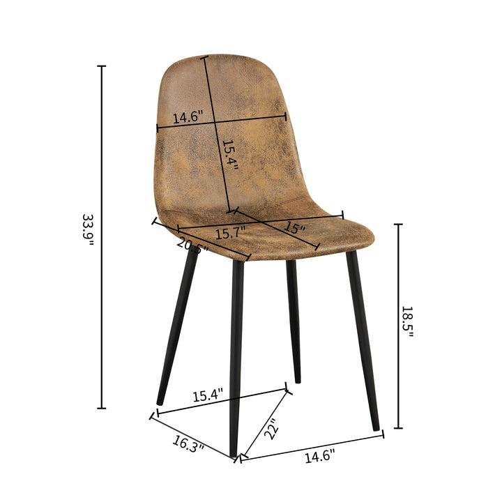 Set of four tan faux suede dining chairs with black metal legs. Curved shell supports the back and a slim frame saves space for kitchens, dining rooms, and apartments.