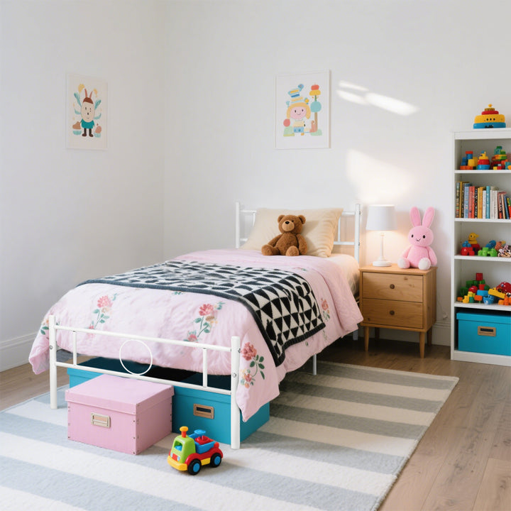 FurnitureR Metallbettgestell (Einzelbettgröße) mit Kopf- und Fußteil – inklusive Stauraum unter dem Lattenrost, kein Boxspringbett erforderlich, einfache Montage, weiß