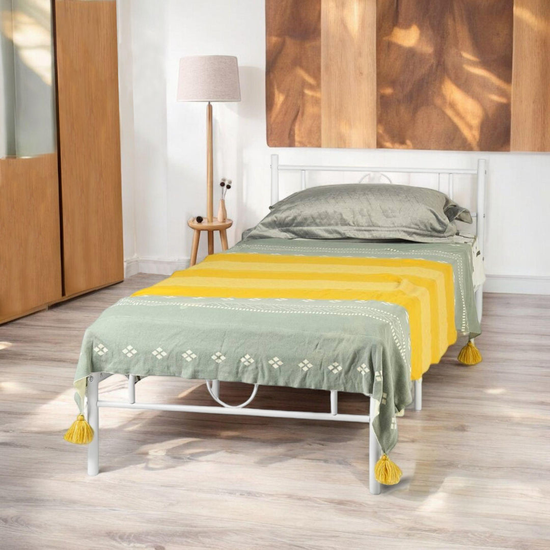 FurnitureR Metallbettgestell (Einzelbettgröße) mit Kopf- und Fußteil – inklusive Stauraum unter dem Lattenrost, kein Boxspringbett erforderlich, einfache Montage, weiß