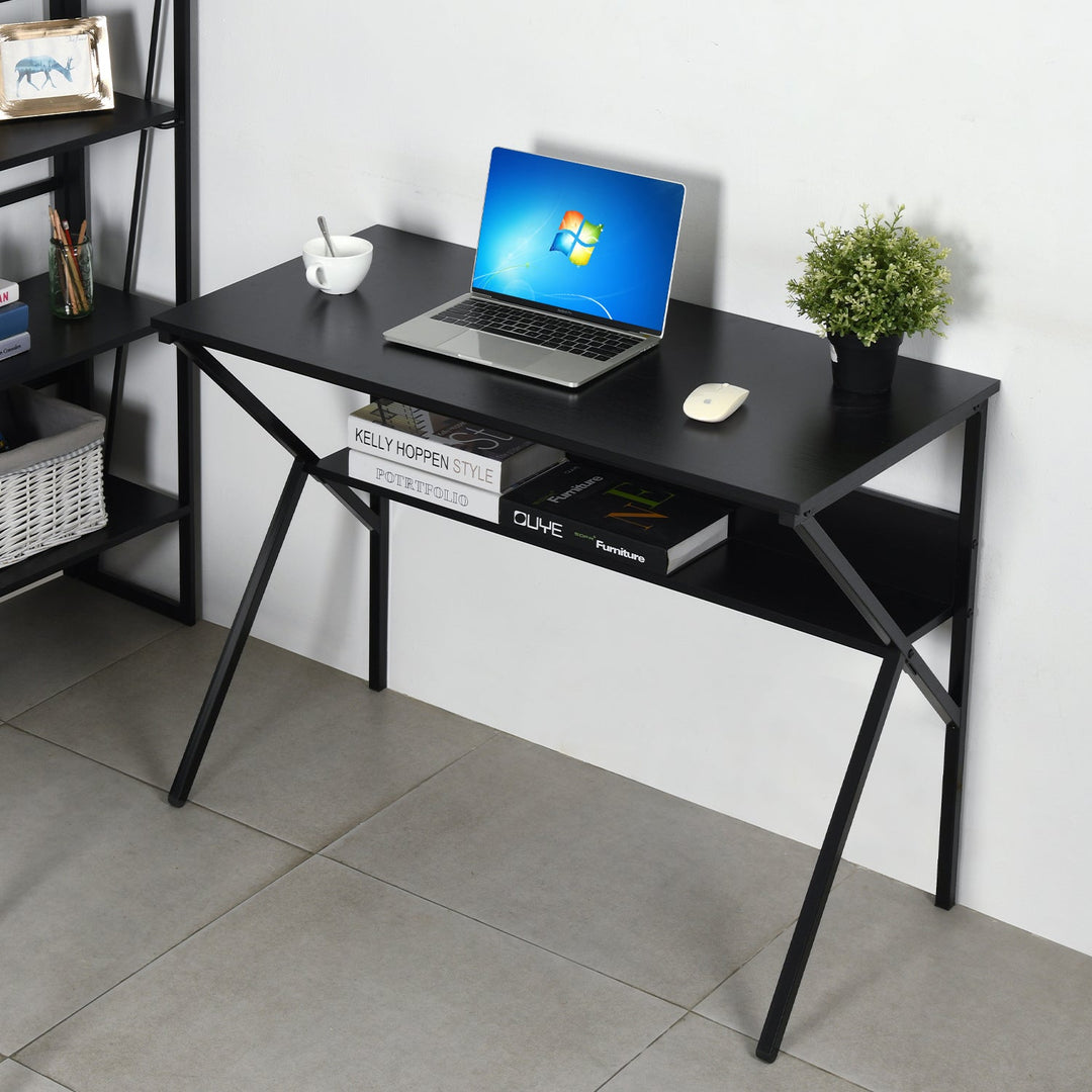 Furniture R Modern K-Shaped Computer Desk With Wood Top And Storage Shelf