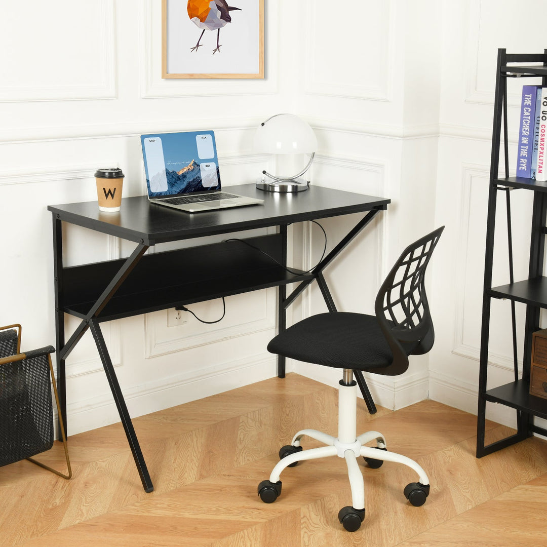 Furniture R Modern K-Shaped Computer Desk With Wood Top And Storage Shelf