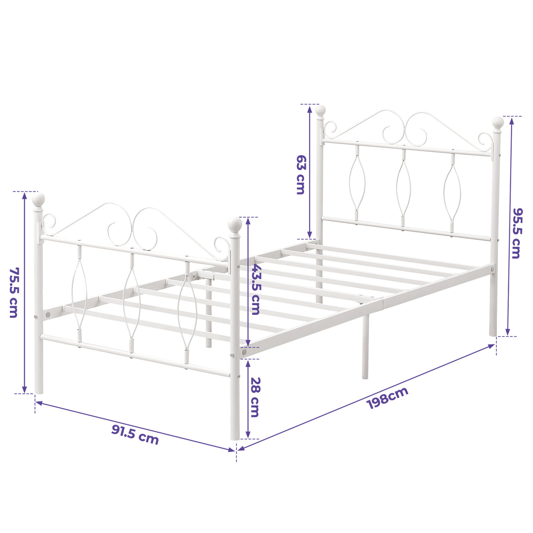 FurnitureR Metallbettgestell (Einzelbettgröße) mit Kopf- und Fußteil, Lattenrost aus Stahl, geräuscharm, mit Stauraum unter dem Bett, weiß