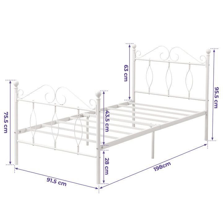 FurnitureR Metallbettgestell (Einzelbettgröße) mit Kopf- und Fußteil, Lattenrost aus Stahl, geräuscharm, mit Stauraum unter dem Bett, weiß