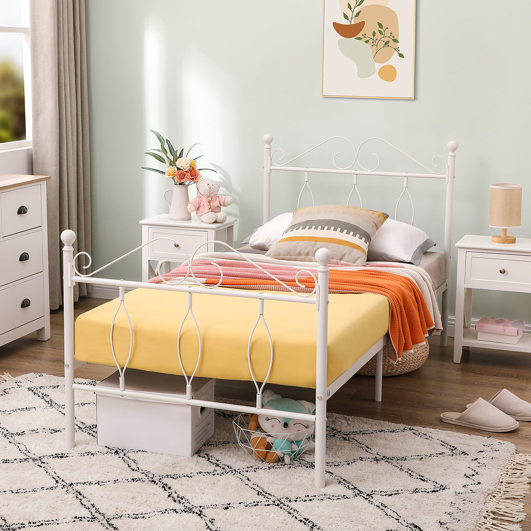 FurnitureR Metallbettgestell (Einzelbettgröße) mit Kopf- und Fußteil, Lattenrost aus Stahl, geräuscharm, mit Stauraum unter dem Bett, weiß