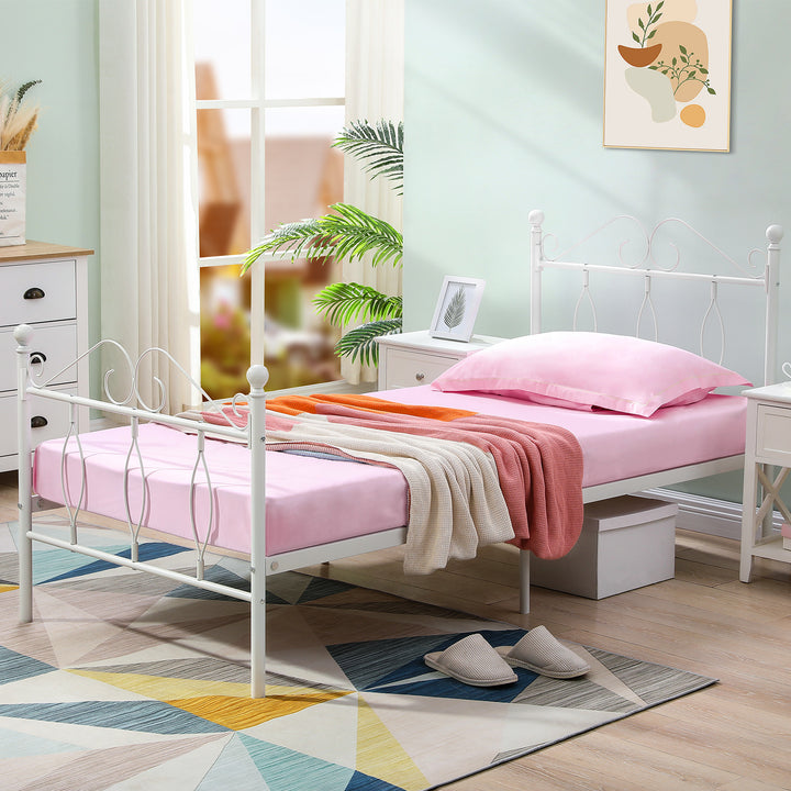 FurnitureR Metallbettgestell (Einzelbettgröße) mit Kopf- und Fußteil, Lattenrost aus Stahl, geräuscharm, mit Stauraum unter dem Bett, weiß