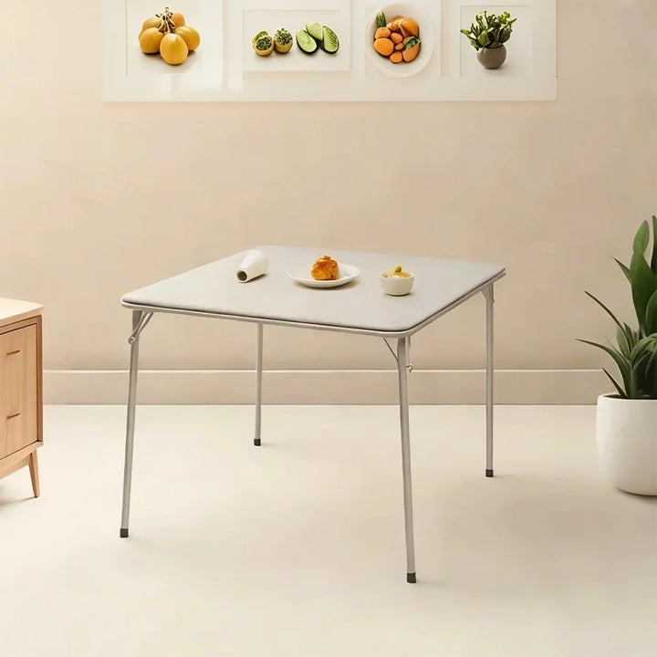 Furniture R Grey Square Folding Table, Minimalist Design Dining Table, Sturdy Metal Frame and Upholstered Synthetic Leather Top, Modern Living Rooms, Portable for Casual Dining Or Workspace Use-86cm