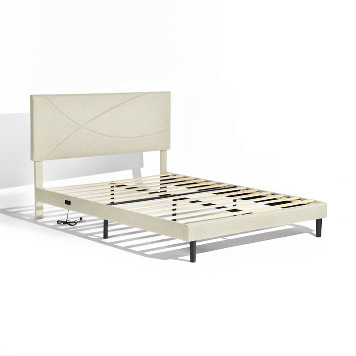 FurnitureR Bettgestell (Queen-Size) mit Kopfteil, Stoffkopfteil, Metallplattform, gepolsterter Matratzenunterlage, Beige