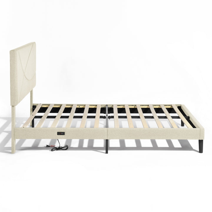 FurnitureR Bettgestell (Queen-Size) mit Kopfteil, Stoffkopfteil, Metallplattform, gepolsterter Matratzenunterlage, Beige