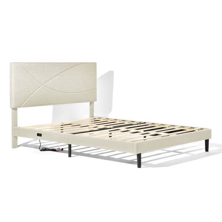 FurnitureR Bettgestell (Queen-Size) mit Kopfteil, Stoffkopfteil, Metallplattform, gepolsterter Matratzenunterlage, Beige