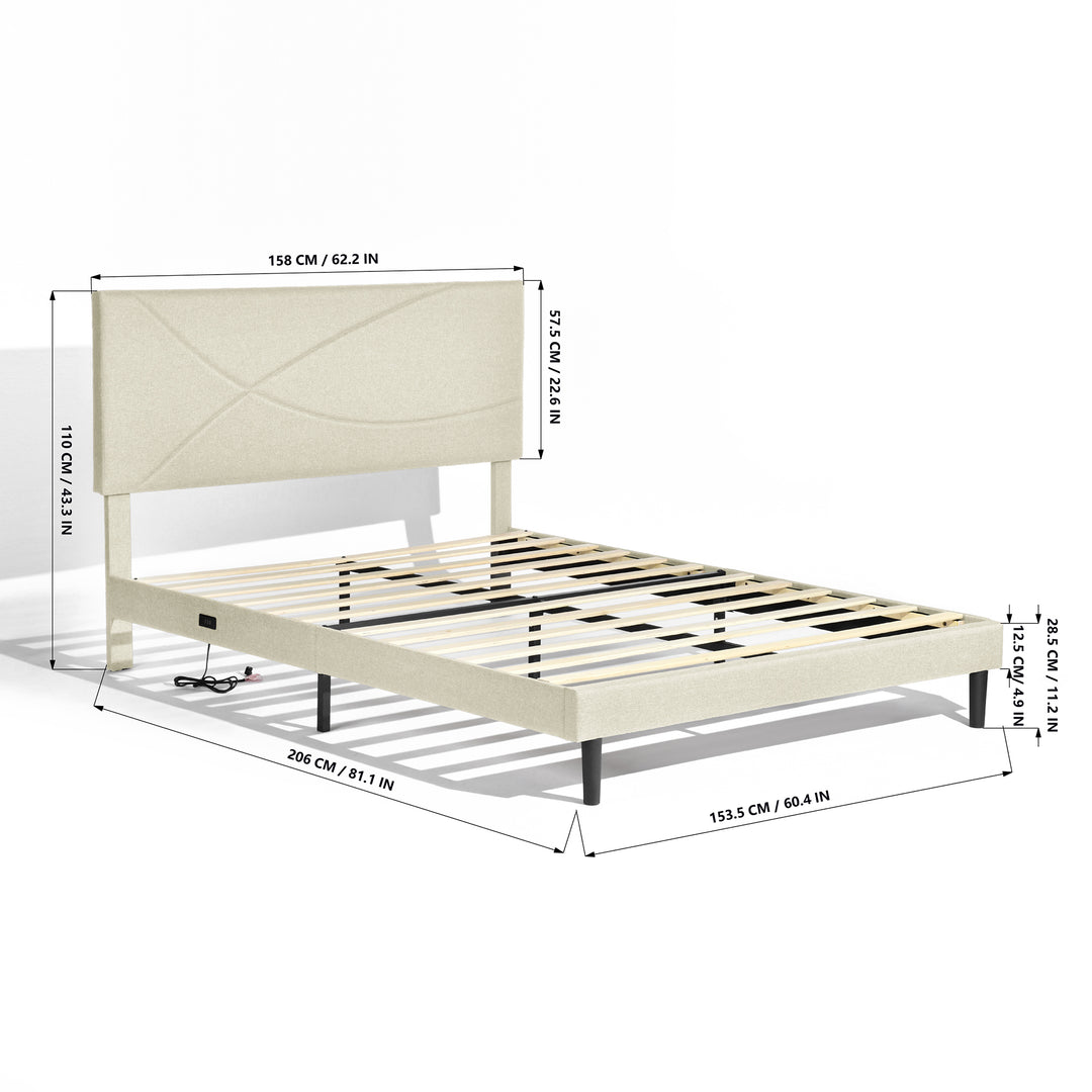 FurnitureR Bettgestell (Queen-Size) mit Kopfteil, Stoffkopfteil, Metallplattform, gepolsterter Matratzenunterlage, Beige