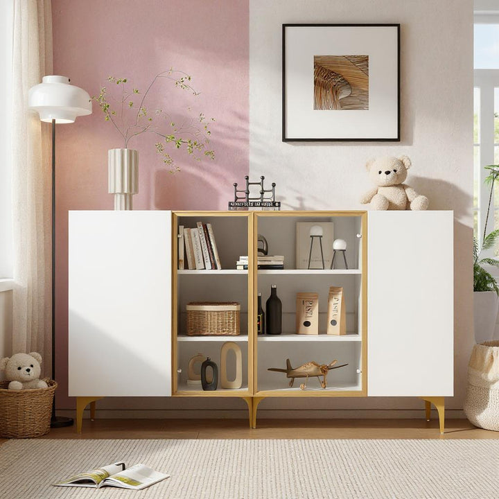 FurnitureR Armoire de Rangement à 4 Portesde, MDF, Verre & Métal, Design Asymétrique, pour un Rangement Sous les Escaliers, 150cm