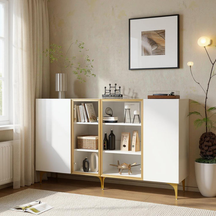 FurnitureR Armoire de Rangement à 4 Portesde, MDF, Verre & Métal, Design Asymétrique, pour un Rangement Sous les Escaliers, 150cm