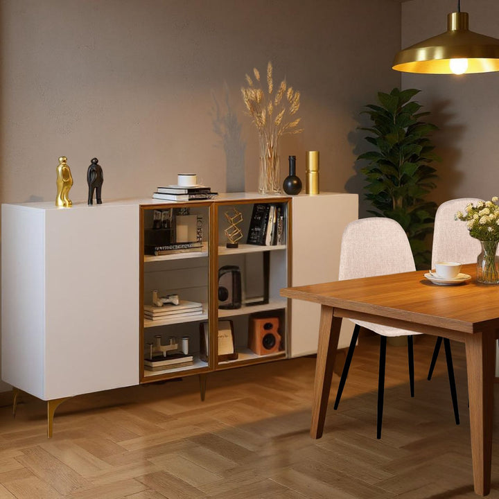FurnitureR Armoire de Rangement à 4 Portesde, MDF, Verre & Métal, Design Asymétrique, pour un Rangement Sous les Escaliers, 150cm