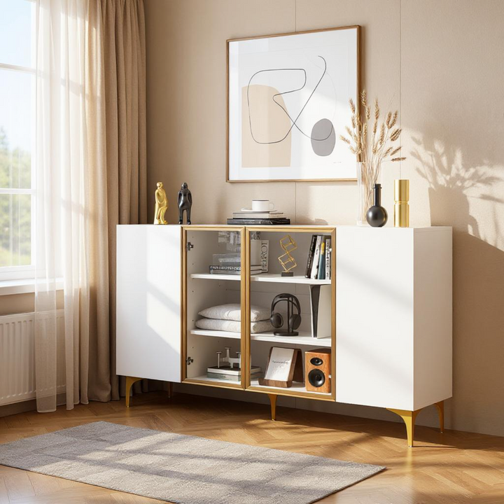 FurnitureR Armoire de Rangement à 4 Portesde, MDF, Verre & Métal, Design Asymétrique, pour un Rangement Sous les Escaliers, 150cm
