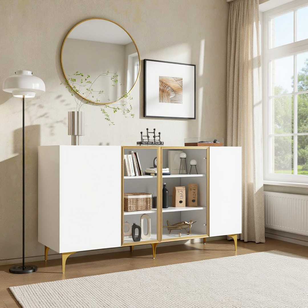 FurnitureR Armoire de Rangement à 4 Portesde, MDF, Verre & Métal, Design Asymétrique, pour un Rangement Sous les Escaliers, 150cm