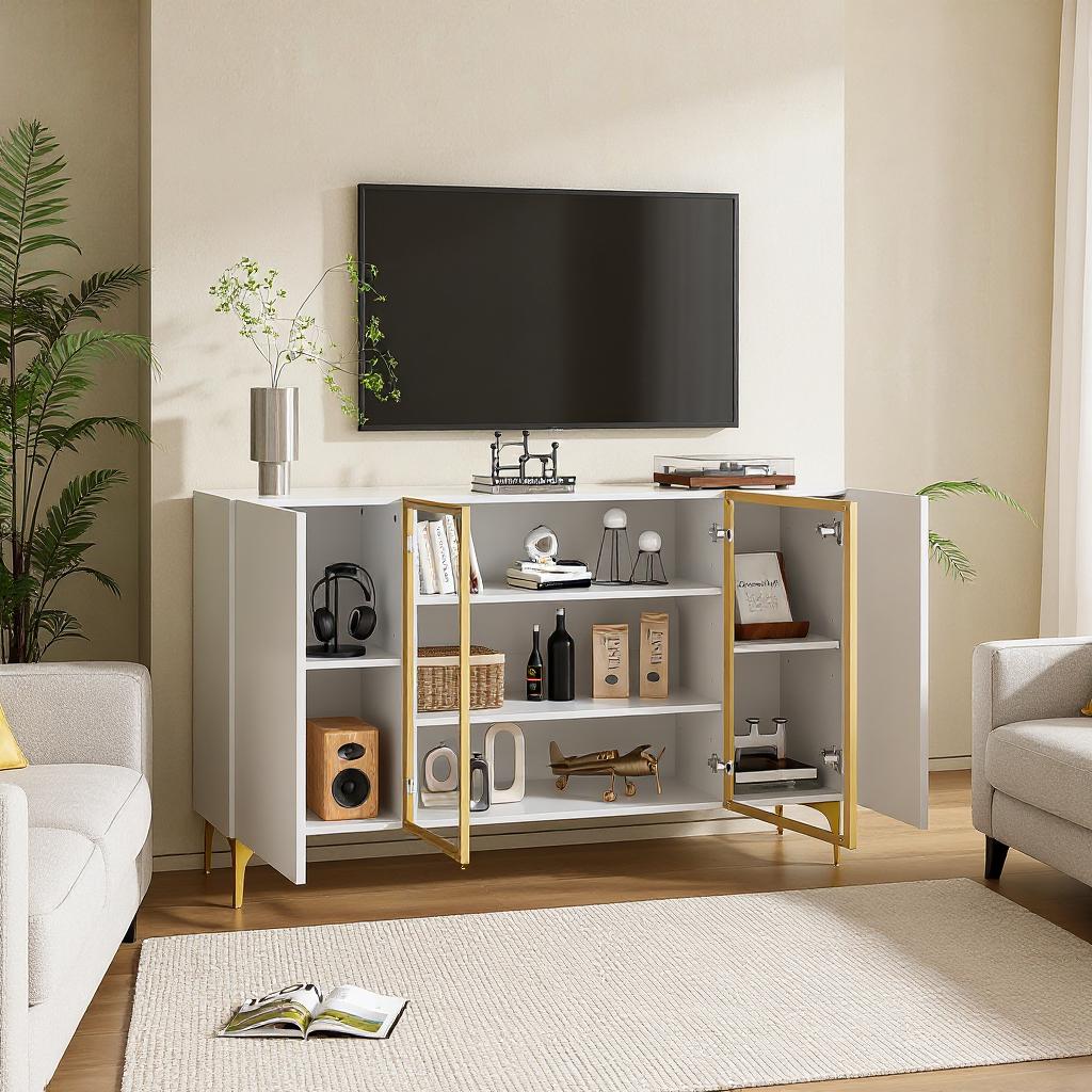 FurnitureR Armoire de Rangement à 4 Portesde, MDF, Verre & Métal, Design Asymétrique, pour un Rangement Sous les Escaliers, 150cm