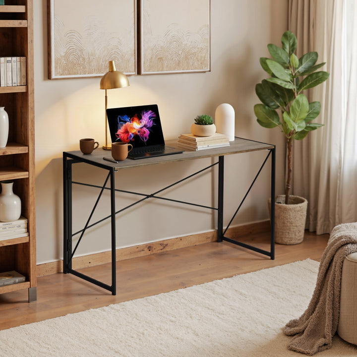 FurnitureR Foldable Industrial Desk with Rustic Wood Grain Top,Sturdy Metal Frame, Space-Saving Design for Home Office, Study, Dorm, Apartments