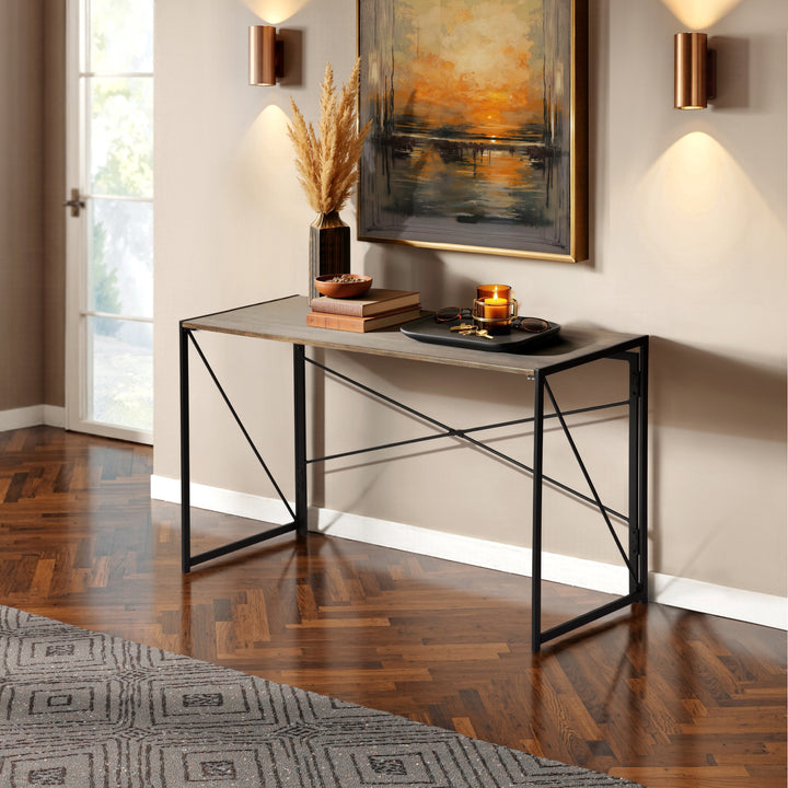 FurnitureR Foldable Industrial Desk with Rustic Wood Grain Top,Sturdy Metal Frame, Space-Saving Design for Home Office, Study, Dorm, Apartments