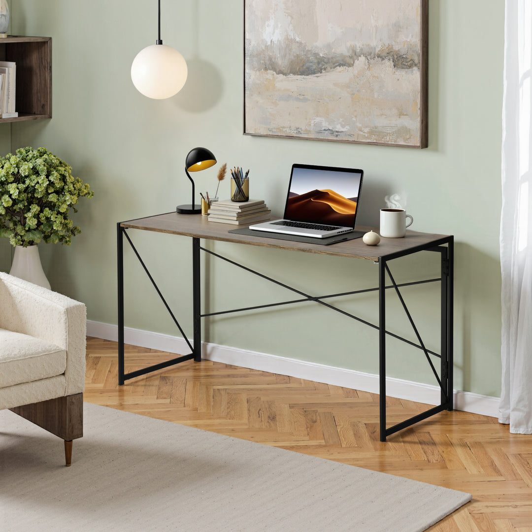 FurnitureR Foldable Industrial Desk with Rustic Wood Grain Top,Sturdy Metal Frame, Space-Saving Design for Home Office, Study, Dorm, Apartments