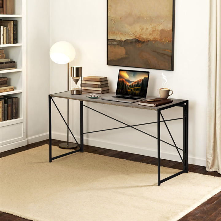 FurnitureR Foldable Industrial Desk with Rustic Wood Grain Top,Sturdy Metal Frame, Space-Saving Design for Home Office, Study, Dorm, Apartments