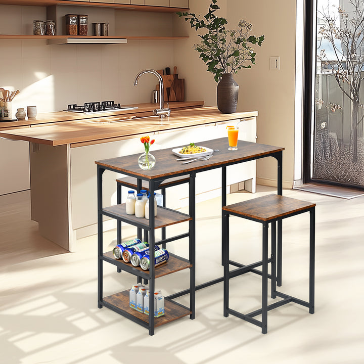 FurnitureR Table de salle à manger avec 2 chaises de bar, 3 pièces, table de cuisine de 100 cm de hauteur, 2 tabourets (40 x 30 x 65 cm) chacun, dessus en bois vintage et cadre en métal noir, marron