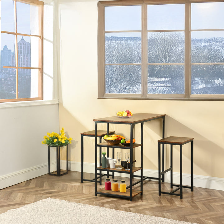 FurnitureR Table de salle à manger avec 2 chaises de bar, 3 pièces, table de cuisine de 100 cm de hauteur, 2 tabourets (40 x 30 x 65 cm) chacun, dessus en bois vintage et cadre en métal noir, marron