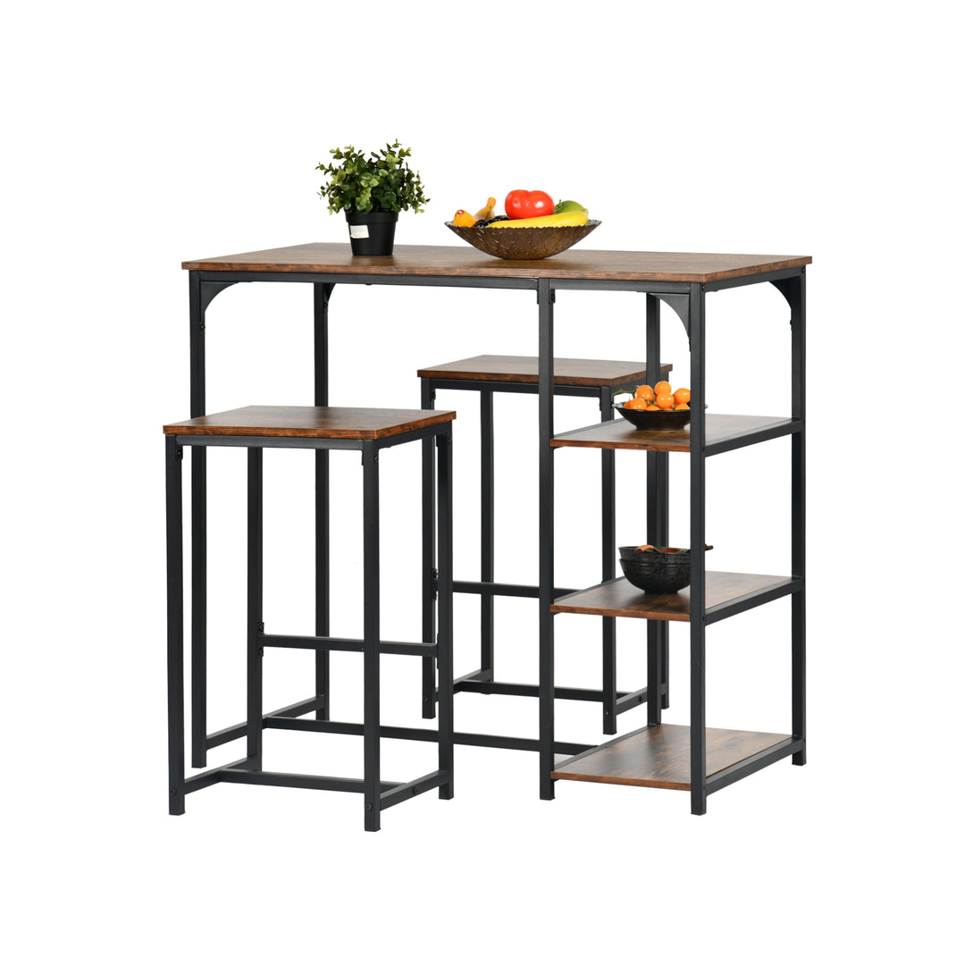 FurnitureR Table de salle à manger avec 2 chaises de bar, 3 pièces, table de cuisine de 100 cm de hauteur, 2 tabourets (40 x 30 x 65 cm) chacun, dessus en bois vintage et cadre en métal noir, marron