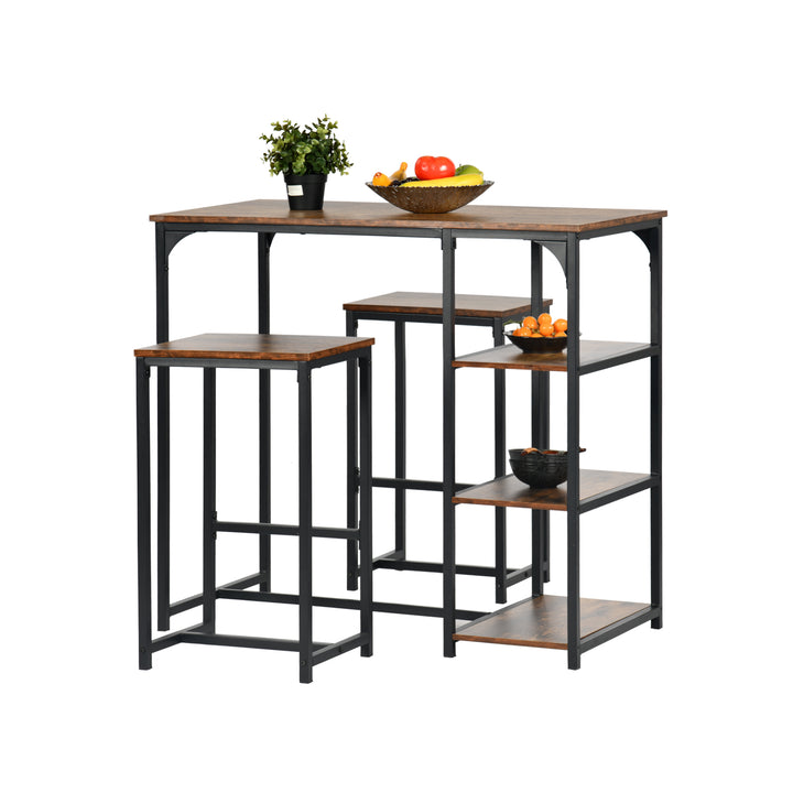 FurnitureR Table de salle à manger avec 2 chaises de bar, 3 pièces, table de cuisine de 100 cm de hauteur, 2 tabourets (40 x 30 x 65 cm) chacun, dessus en bois vintage et cadre en métal noir, marron