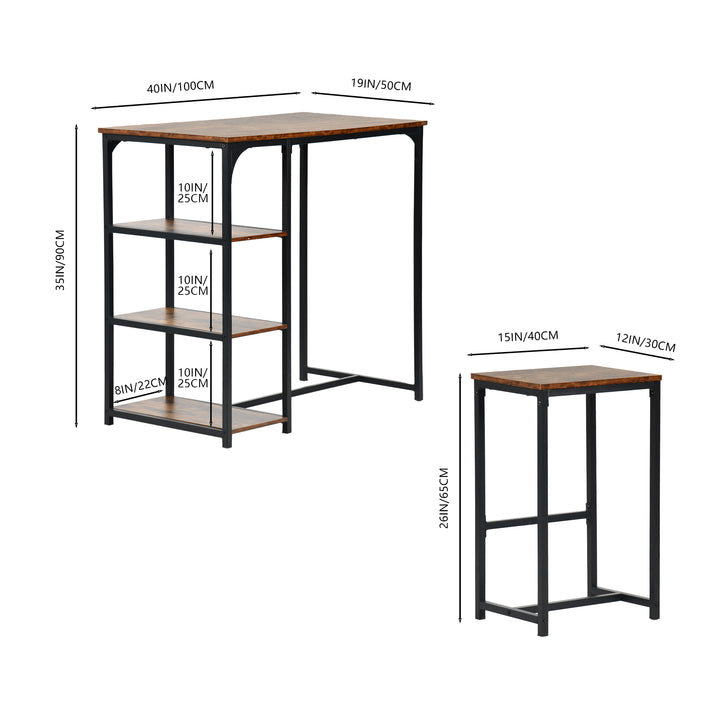 FurnitureR Table de salle à manger avec 2 chaises de bar, 3 pièces, table de cuisine de 100 cm de hauteur, 2 tabourets (40 x 30 x 65 cm) chacun, dessus en bois vintage et cadre en métal noir, marron