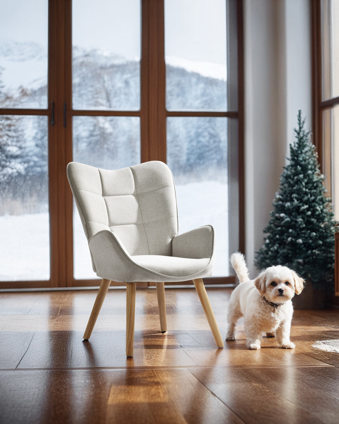 FurnitureR Chaise d'appoint avec pieds en bois de hêtre naturel, fauteuil en tissu pour salon, bureau, salon, réception, beige