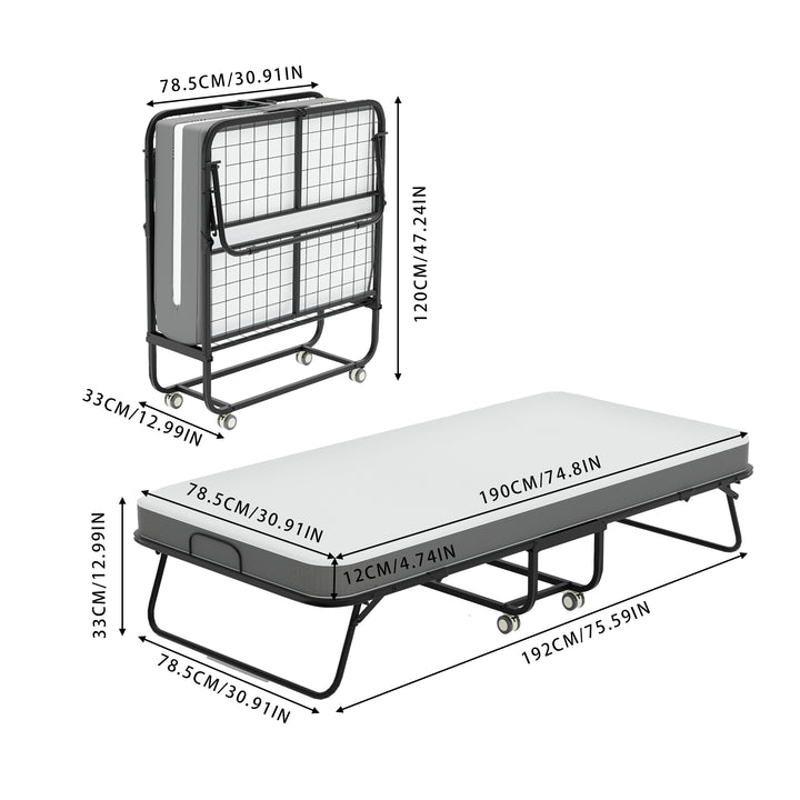 FurnitureR Klappbett mit 12,7 cm dicker Memory-Schaum-Matratze – 190 x 76 cm schmales Einzelbettgestell mit Rollen, zusammenklappbar, robuste Metallkonstruktion