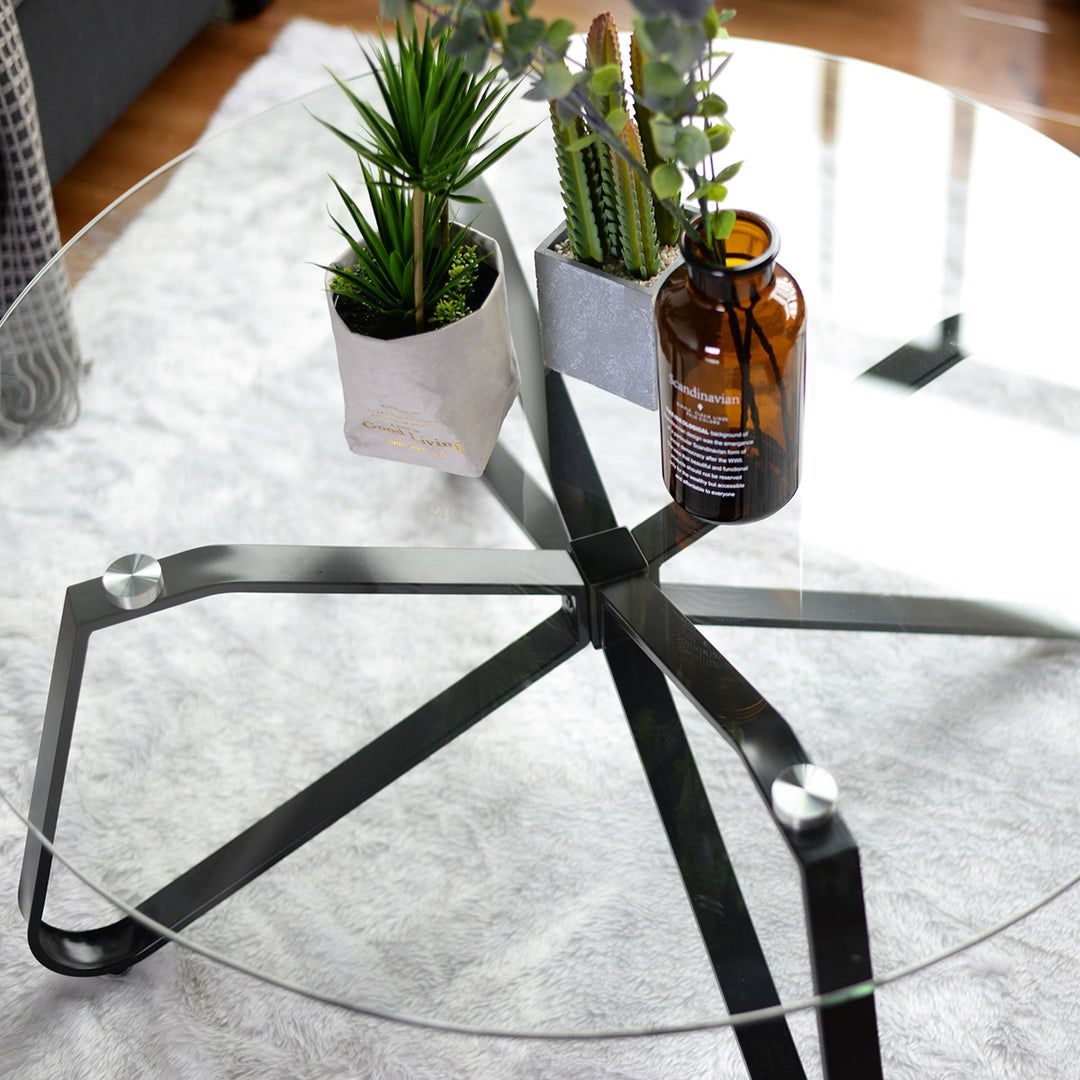 Furniture R Table Basse Ronde en Verre trempé, Style Minimaliste, Table Basse Centrale Moderne avec Base en Fer Noir pour la Maison, Le Salon, la terrasse, Le Jardin (80 x 80 x 40 cm)
