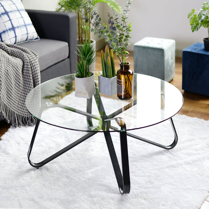 Furniture R Moderner, stilvoller, runder Couchtisch mit Platte aus gehärtetem Glas