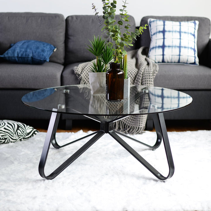Furniture R Moderner, stilvoller, runder Couchtisch mit Platte aus gehärtetem Glas