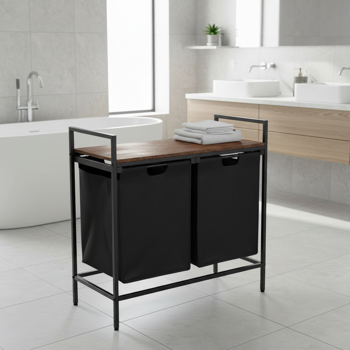 Panier à linge FurnitureR 73 cm (28,74 po) à 2 compartiments avec étagère, trieur à linge à 2 bacs avec sacs amovibles et couvercle en bois, marron/noir