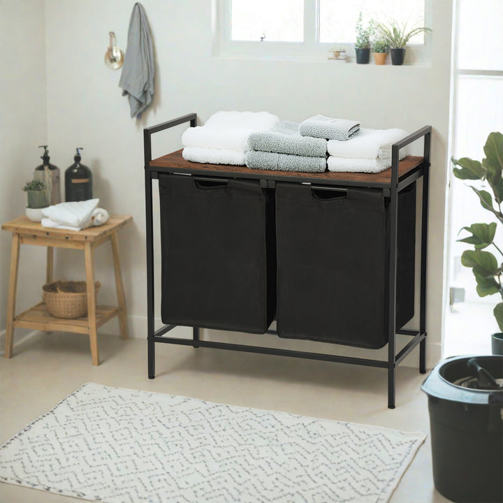 Panier à linge FurnitureR 73 cm (28,74 po) à 2 compartiments avec étagère, trieur à linge à 2 bacs avec sacs amovibles et couvercle en bois, marron/noir