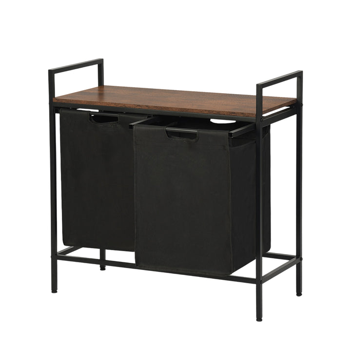 Panier à linge FurnitureR 73 cm (28,74 po) à 2 compartiments avec étagère, trieur à linge à 2 bacs avec sacs amovibles et couvercle en bois, marron/noir