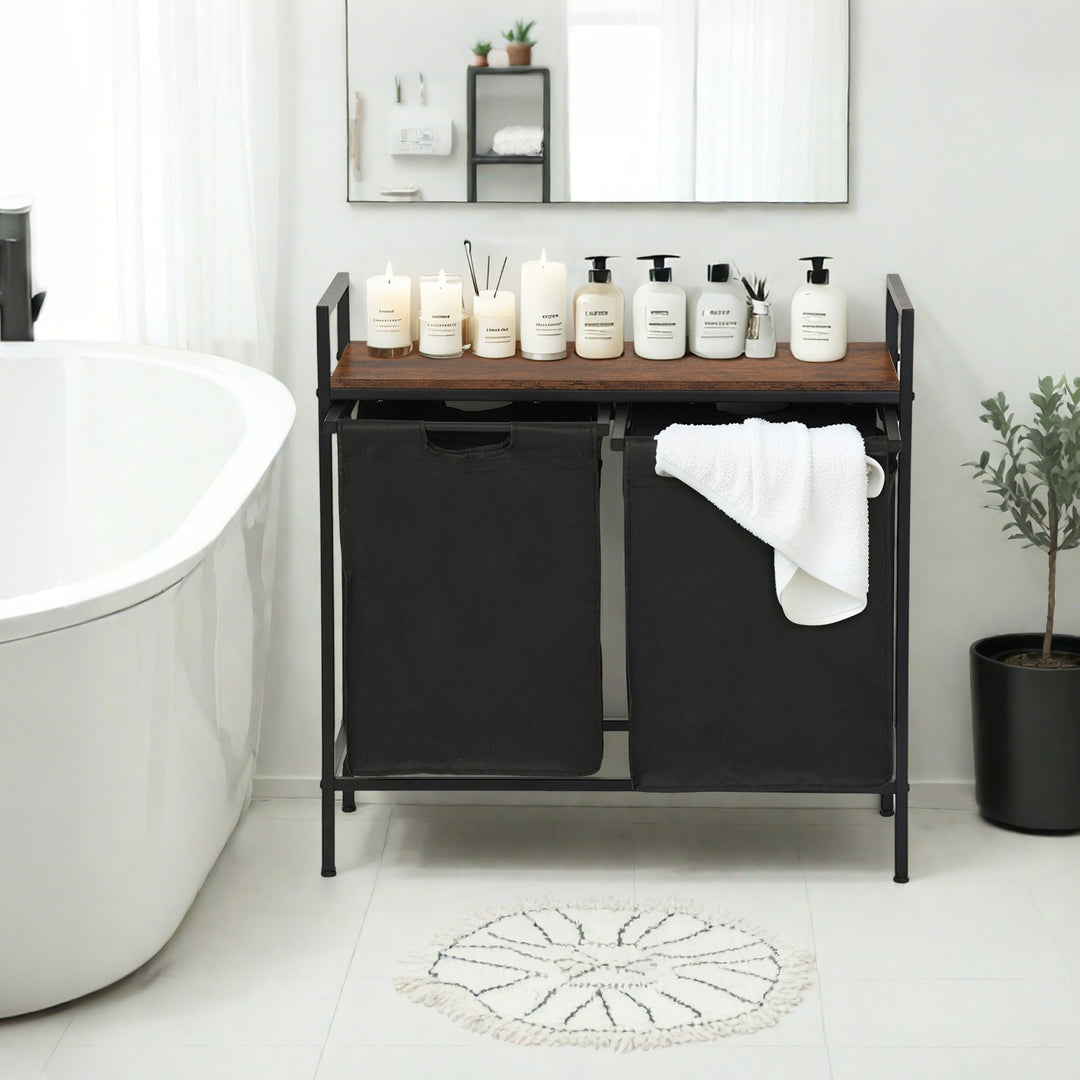 Panier à linge FurnitureR 73 cm (28,74 po) à 2 compartiments avec étagère, trieur à linge à 2 bacs avec sacs amovibles et couvercle en bois, marron/noir