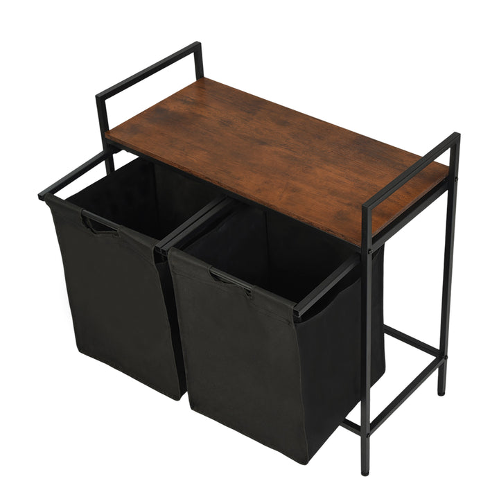 Panier à linge FurnitureR 73 cm (28,74 po) à 2 compartiments avec étagère, trieur à linge à 2 bacs avec sacs amovibles et couvercle en bois, marron/noir