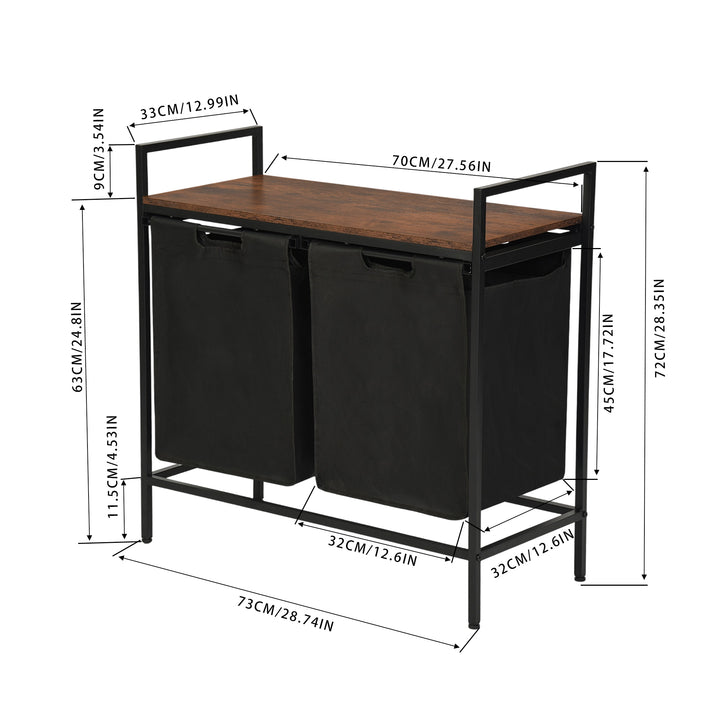 Panier à linge FurnitureR 73 cm (28,74 po) à 2 compartiments avec étagère, trieur à linge à 2 bacs avec sacs amovibles et couvercle en bois, marron/noir