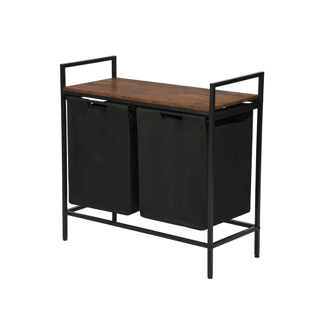 Panier à linge FurnitureR 73 cm (28,74 po) à 2 compartiments avec étagère, trieur à linge à 2 bacs avec sacs amovibles et couvercle en bois, marron/noir
