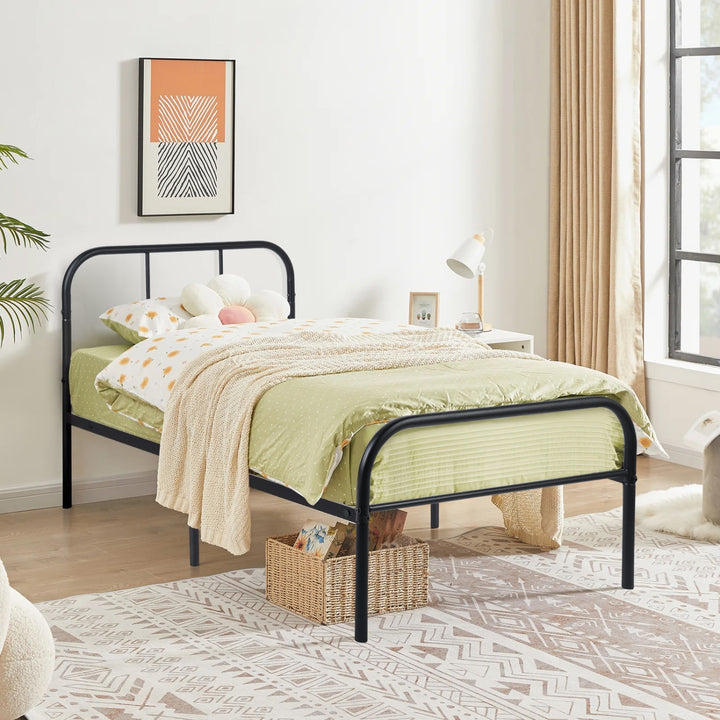 FurnitureR Lit une place noir 1 pièce, design sobre moderne, structure 100% métal solide, idéal chambre enfant et adulte, gain de place, entretien facile, style épuré contemporain