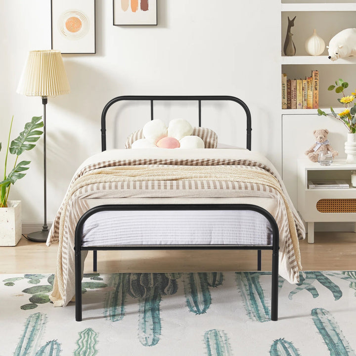 FurnitureR Lit une place noir 1 pièce, design sobre moderne, structure 100% métal solide, idéal chambre enfant et adulte, gain de place, entretien facile, style épuré contemporain